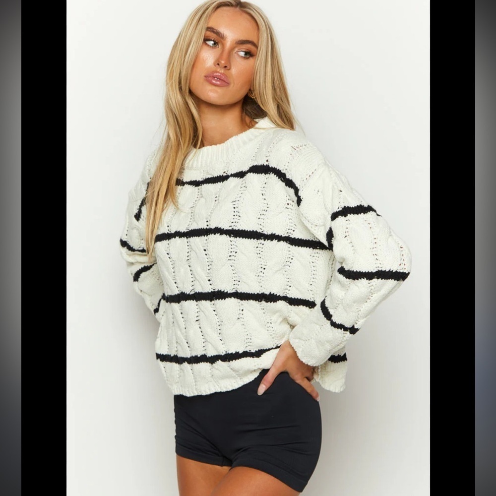 Zara Cable Knit Chunky Black White Striped Oversized Chunky Fisherman Sweater L